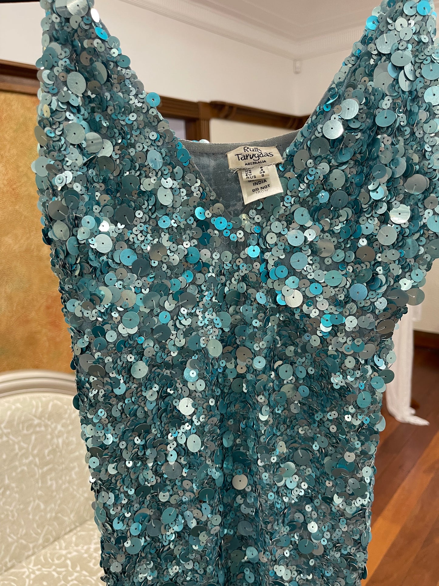 Vintage Ruth Tarvydas Aqua Sequin Gown